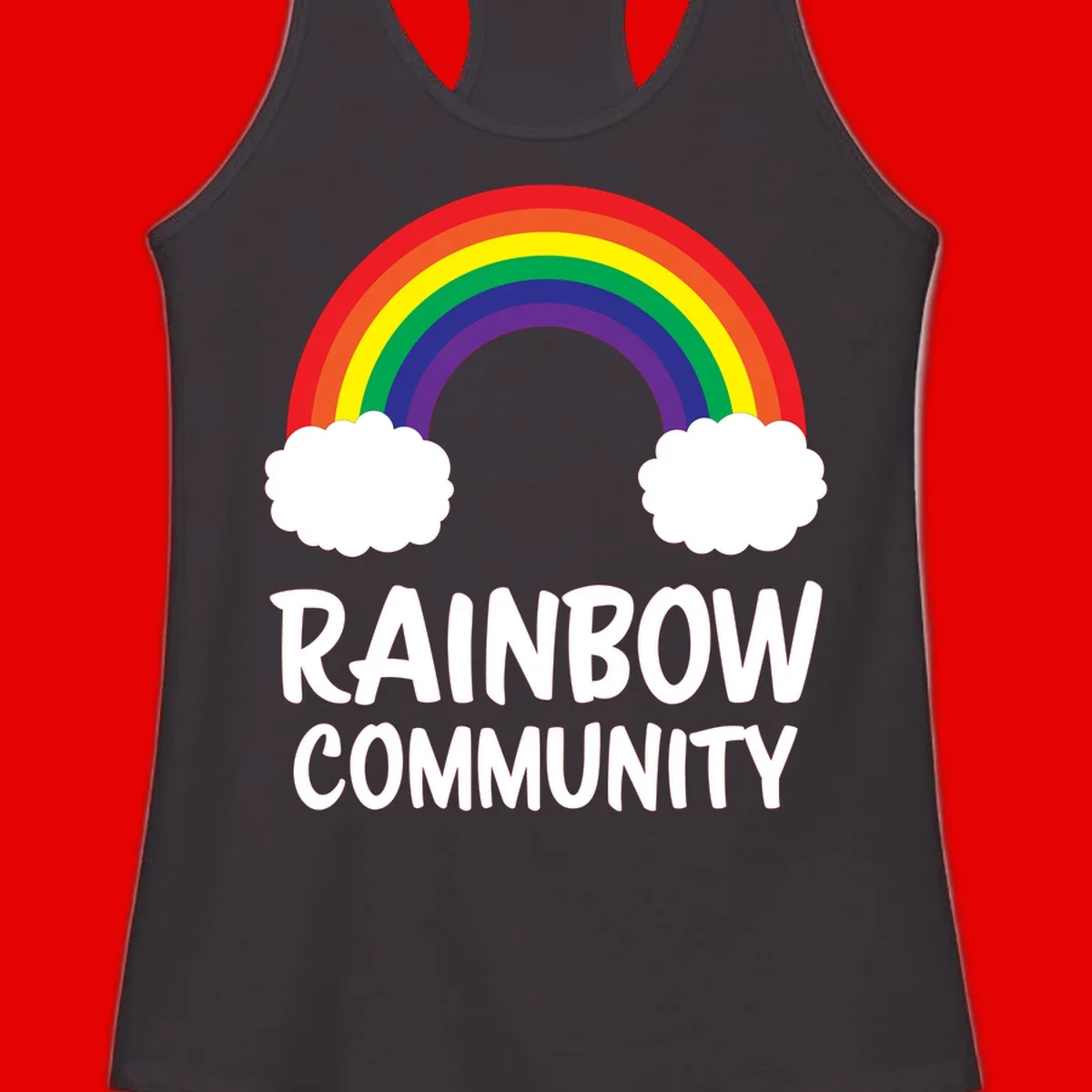 Rainbow arcing between two white clouds with 'RAINBOW COMMUNITY' text below, representing pride and inclusivity