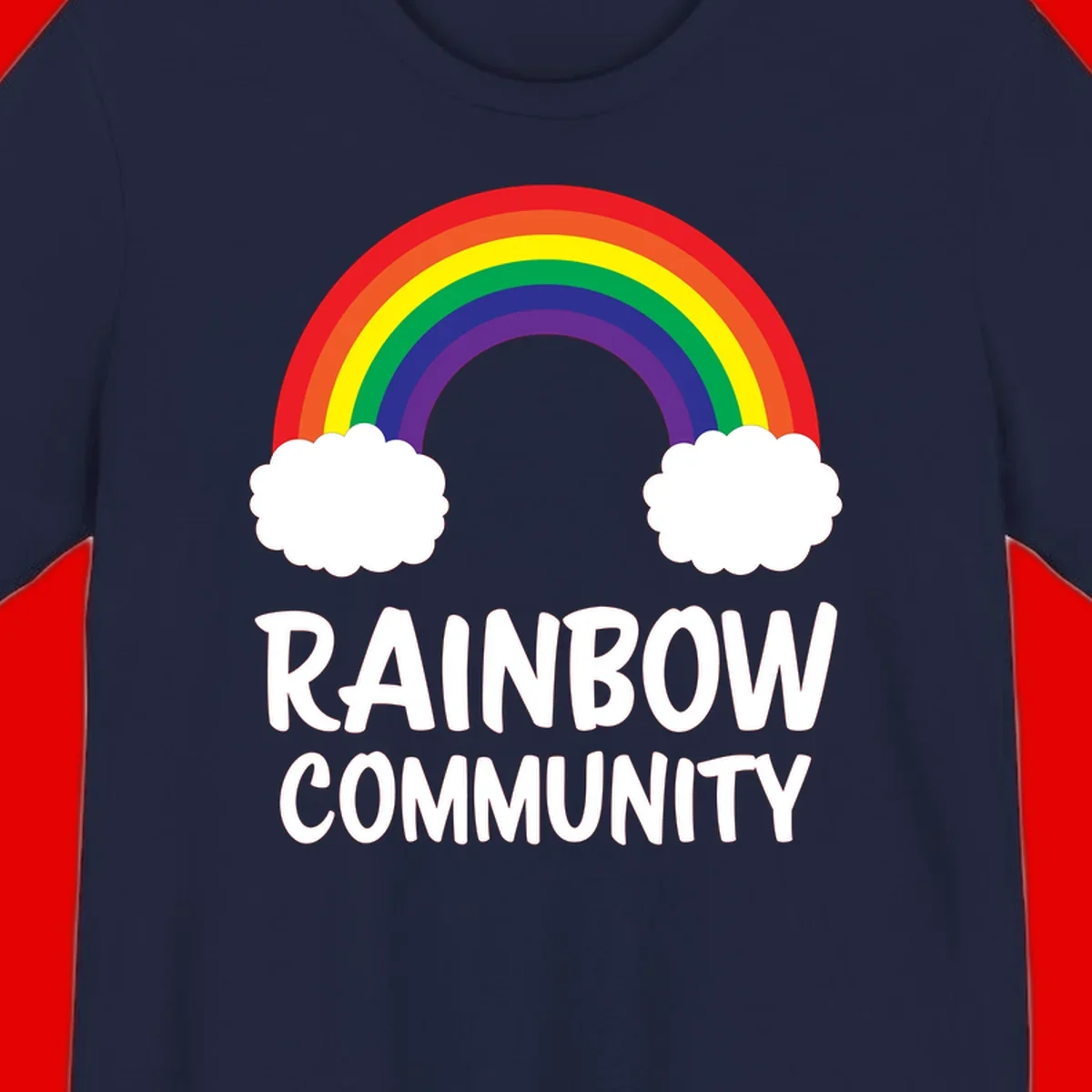 Rainbow arcing between two white clouds with 'RAINBOW COMMUNITY' text below, representing pride and inclusivity