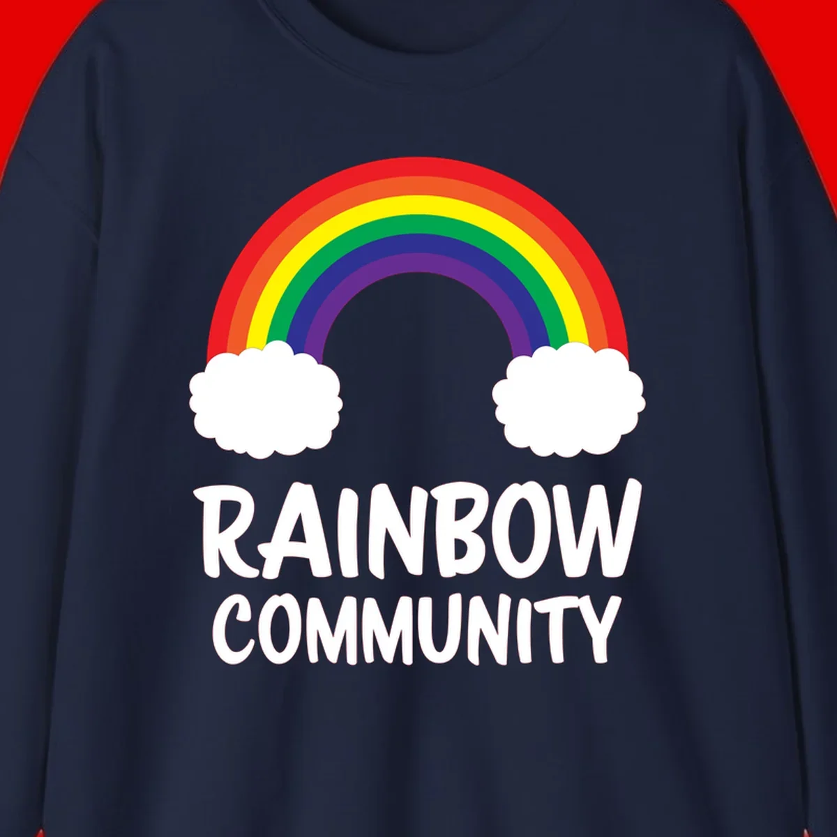 Rainbow arcing between two white clouds with 'RAINBOW COMMUNITY' text below, representing pride and inclusivity