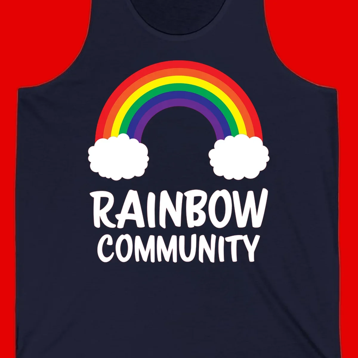 Rainbow arcing between two white clouds with 'RAINBOW COMMUNITY' text below, representing pride and inclusivity