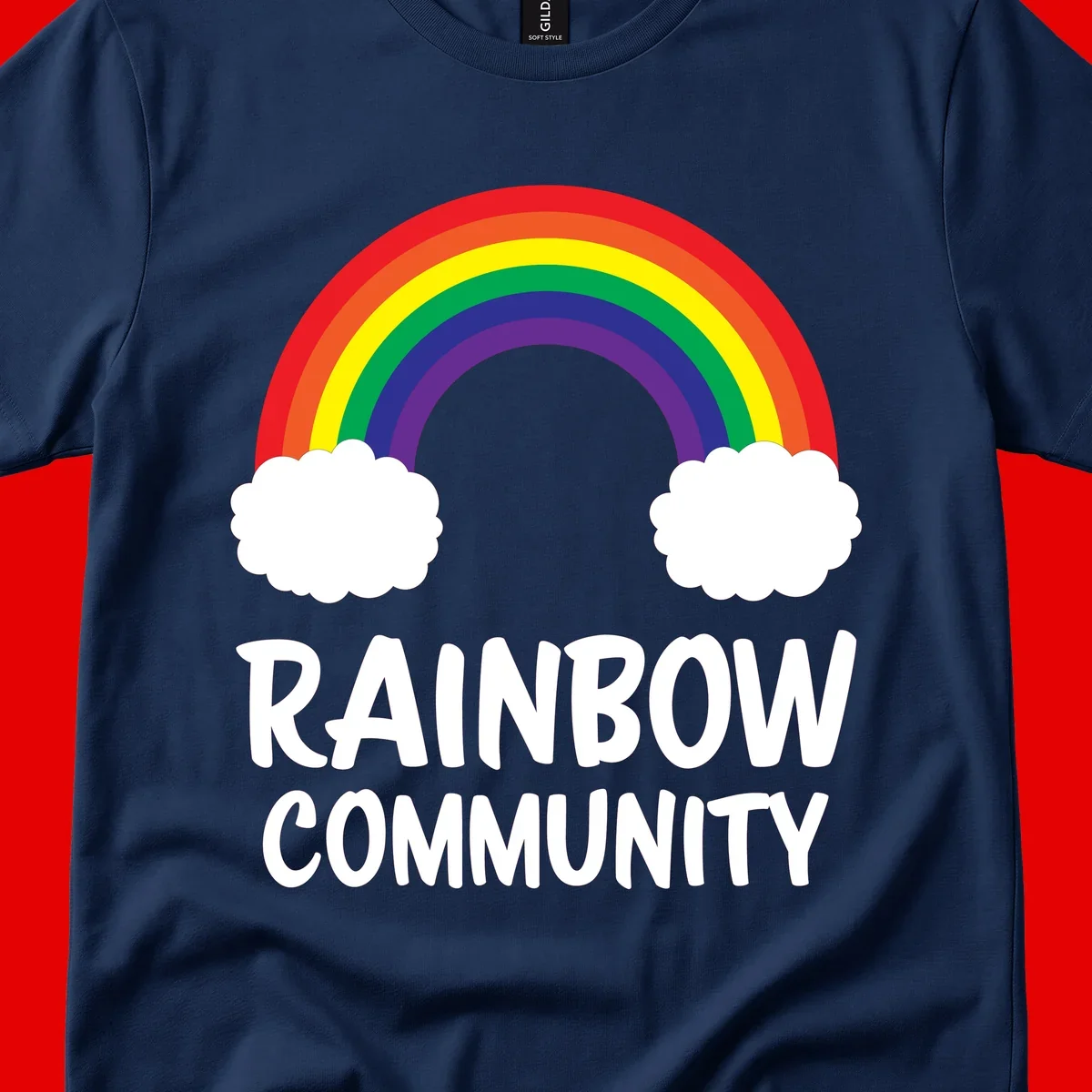 Rainbow arcing between two white clouds with 'RAINBOW COMMUNITY' text below, representing pride and inclusivity