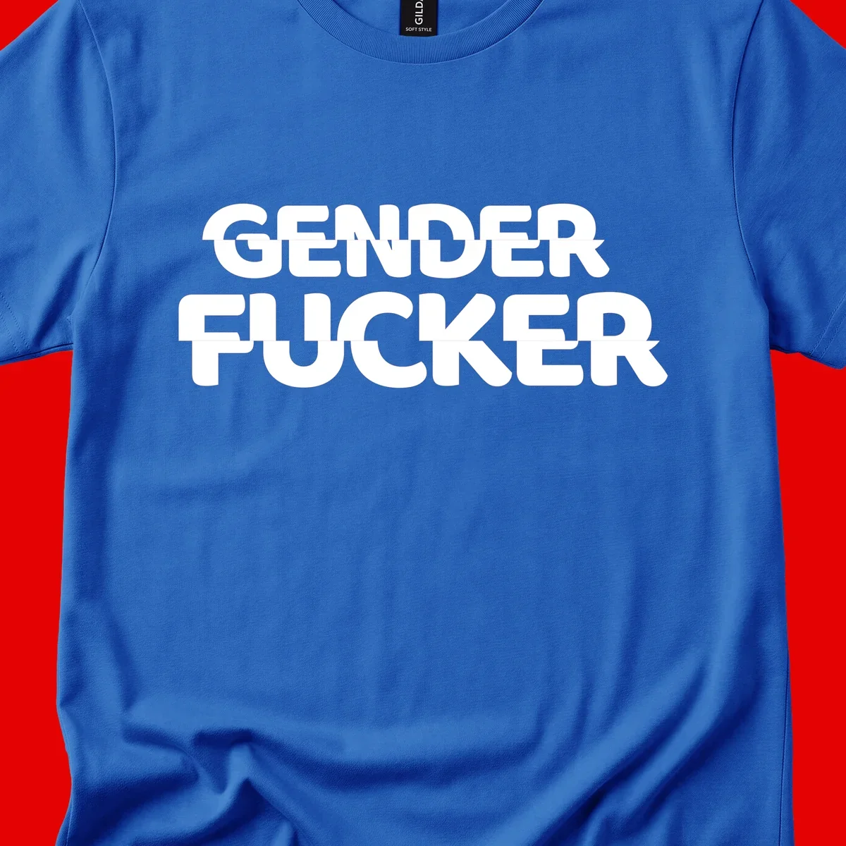 Bold white sans-serif text reading 'GENDER FUCKER' on gray background, gender-fucker-statement design
