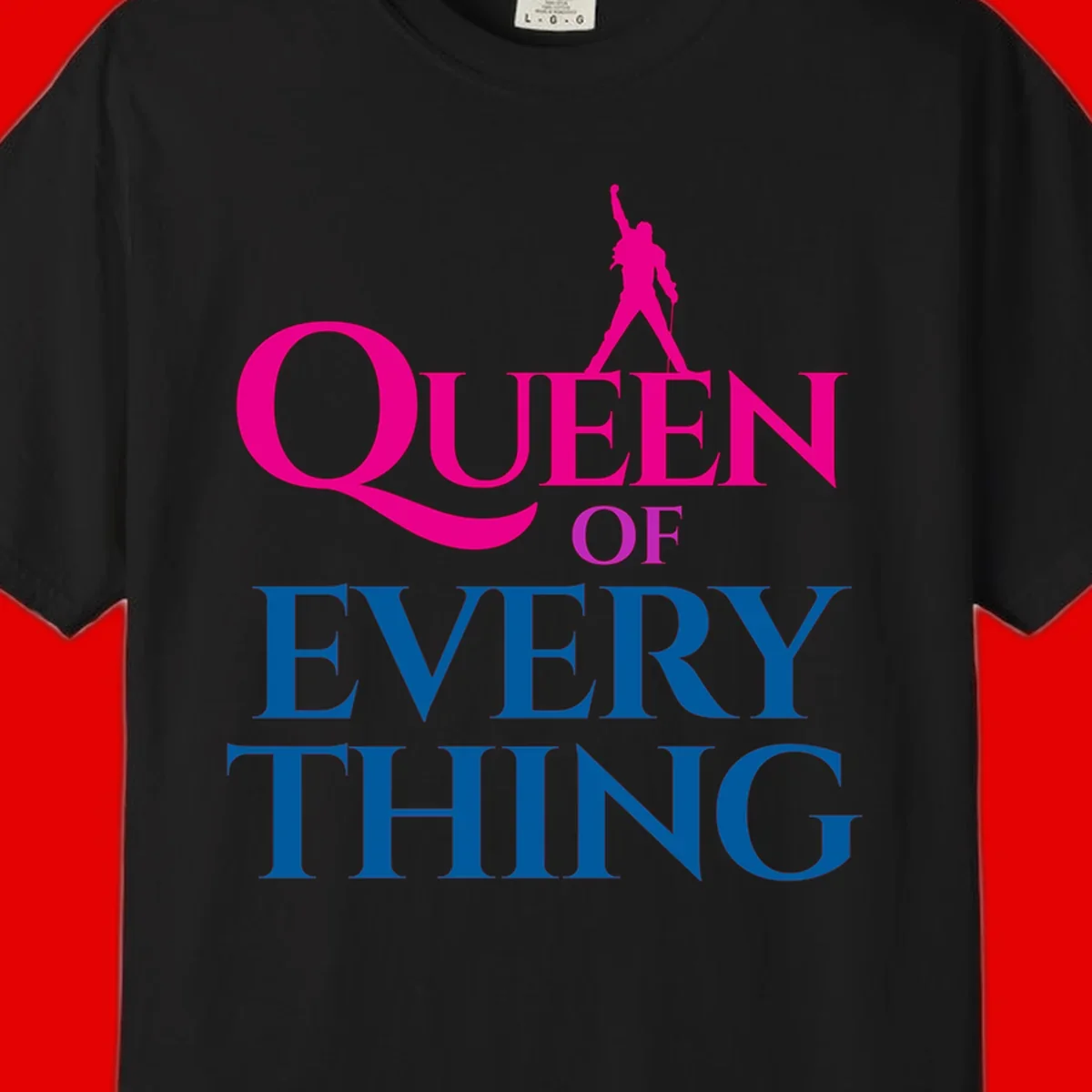 Magenta silhouette of confident figure with raised fist above bold 'Queen Of Every Thing' text in blue and pink