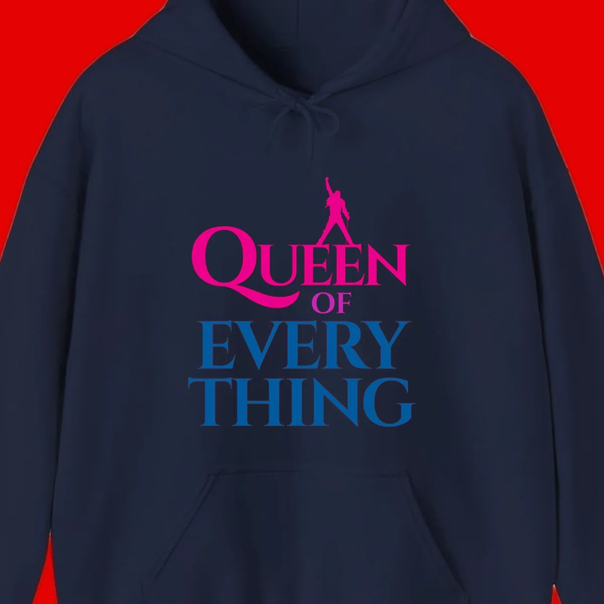 Magenta silhouette of confident figure with raised fist above bold 'Queen Of Every Thing' text in blue and pink