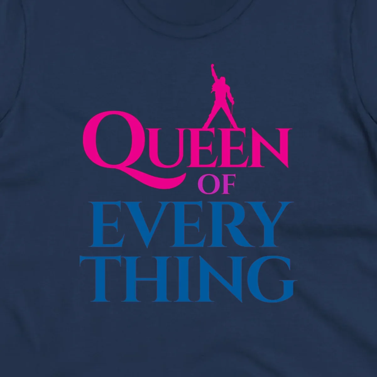 Magenta silhouette of confident figure with raised fist above bold 'Queen Of Every Thing' text in blue and pink
