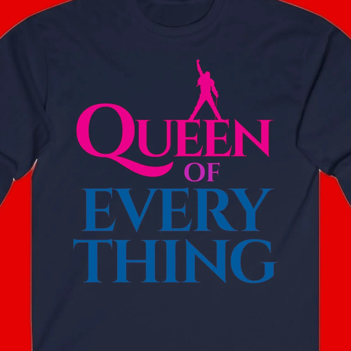 Magenta silhouette of confident figure with raised fist above bold 'Queen Of Every Thing' text in blue and pink
