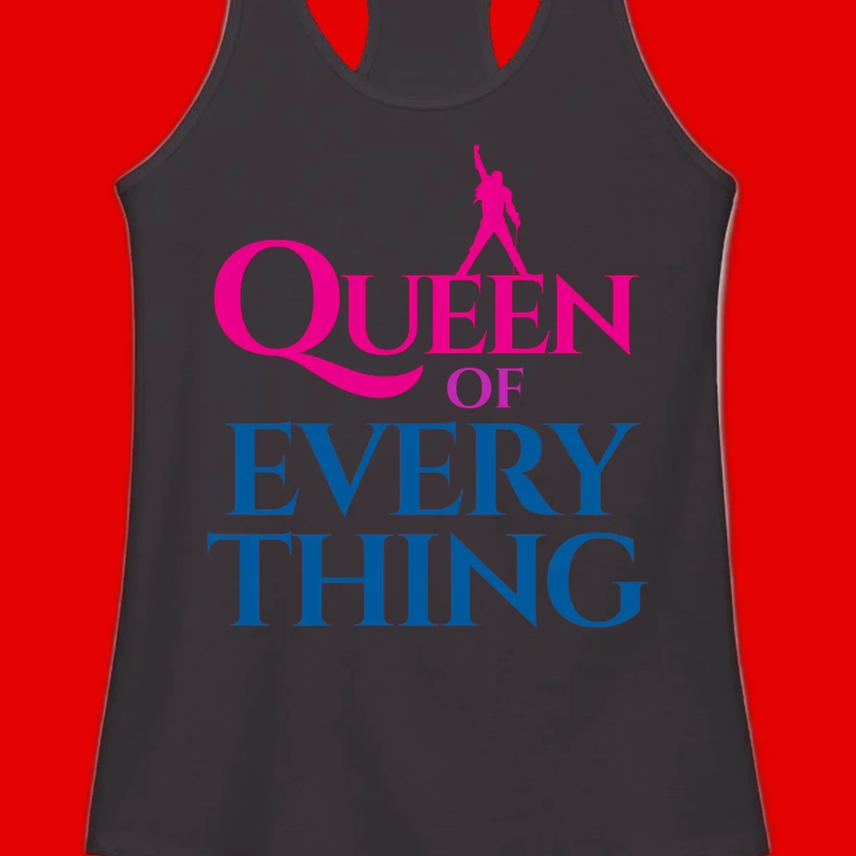 Magenta silhouette of confident figure with raised fist above bold 'Queen Of Every Thing' text in blue and pink