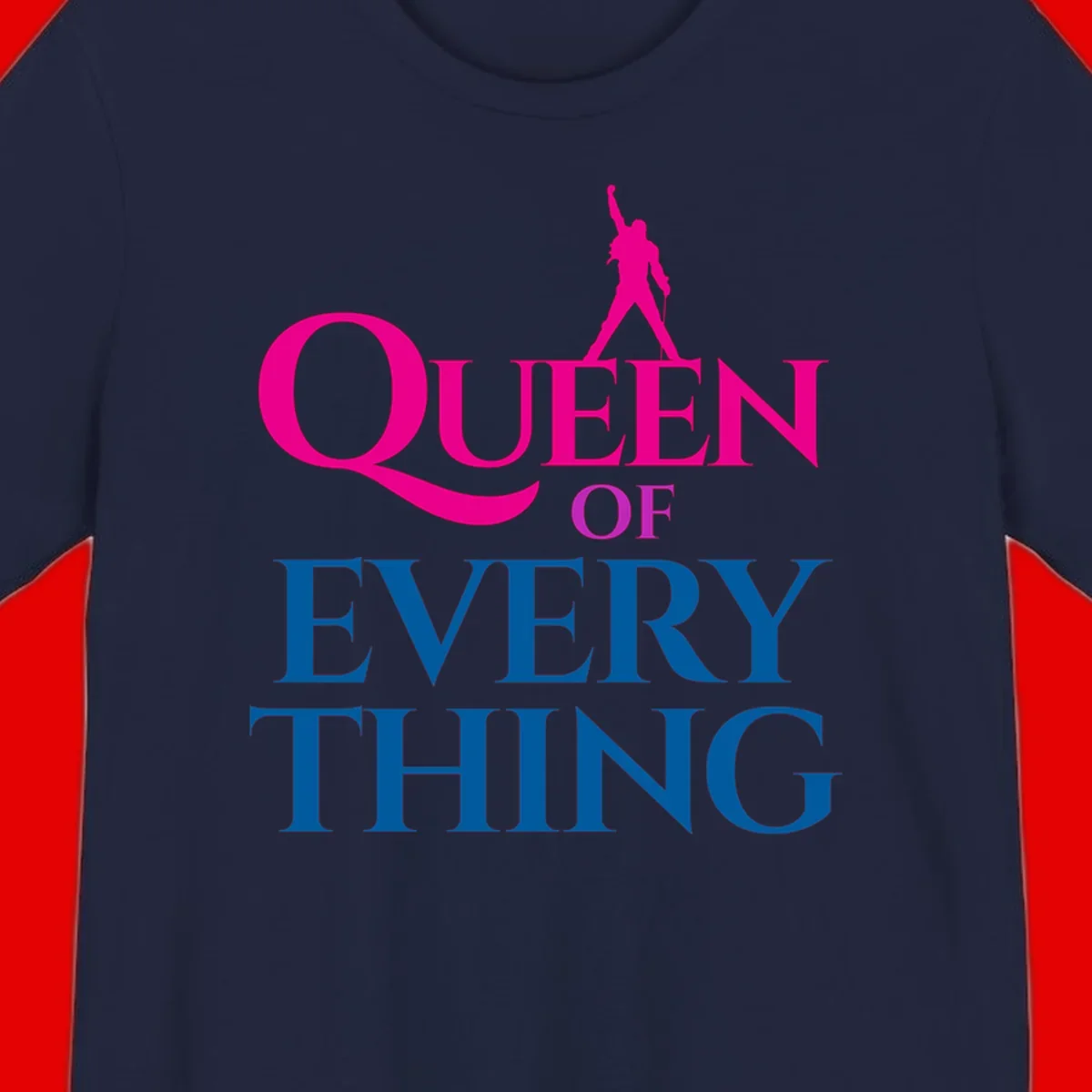 Magenta silhouette of confident figure with raised fist above bold 'Queen Of Every Thing' text in blue and pink