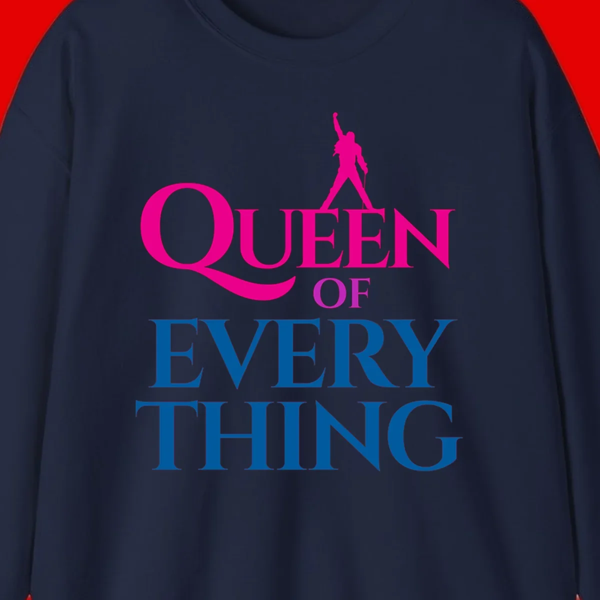 Magenta silhouette of confident figure with raised fist above bold 'Queen Of Every Thing' text in blue and pink
