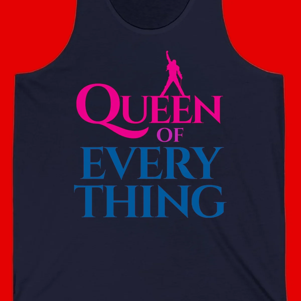 Magenta silhouette of confident figure with raised fist above bold 'Queen Of Every Thing' text in blue and pink