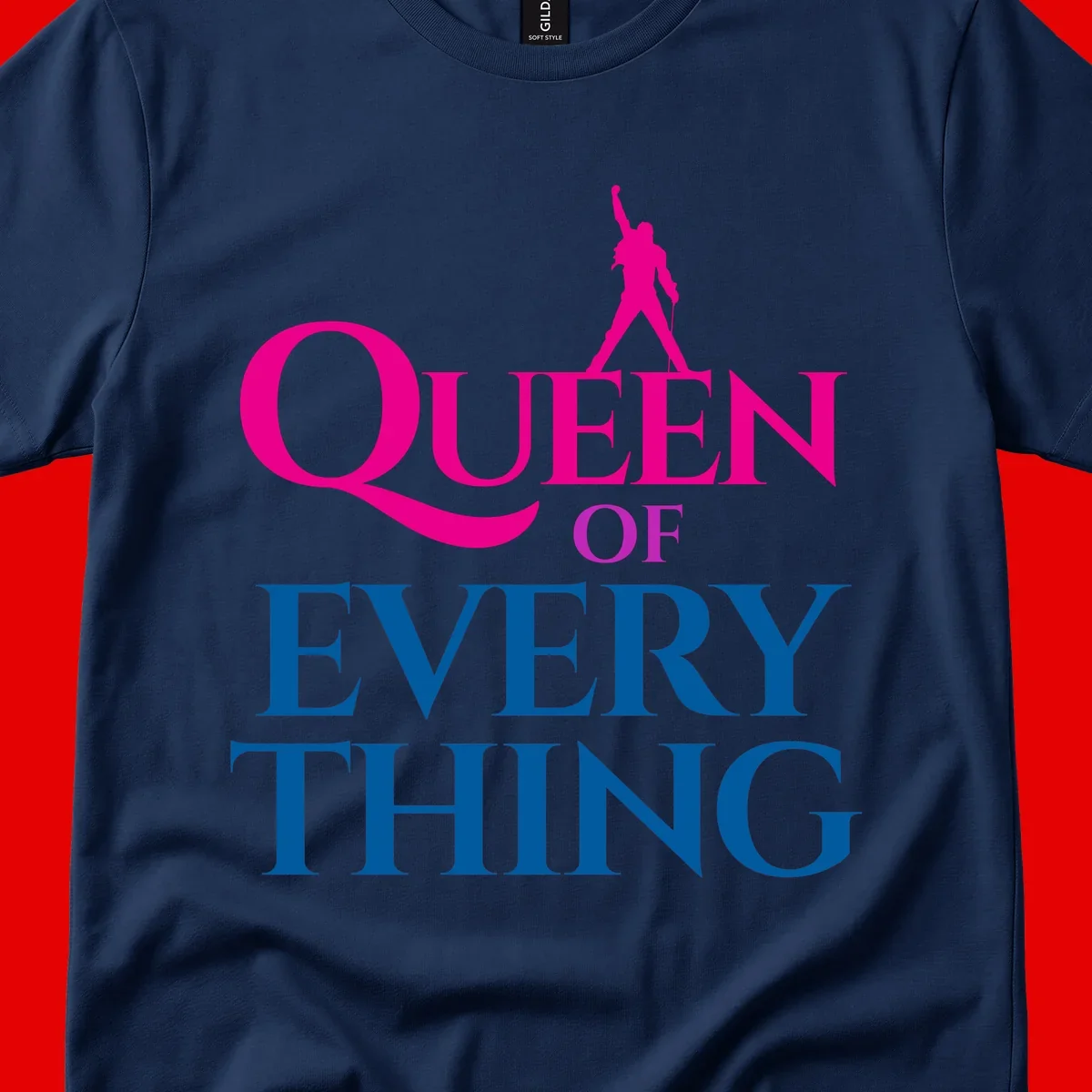 Magenta silhouette of confident figure with raised fist above bold 'Queen Of Every Thing' text in blue and pink