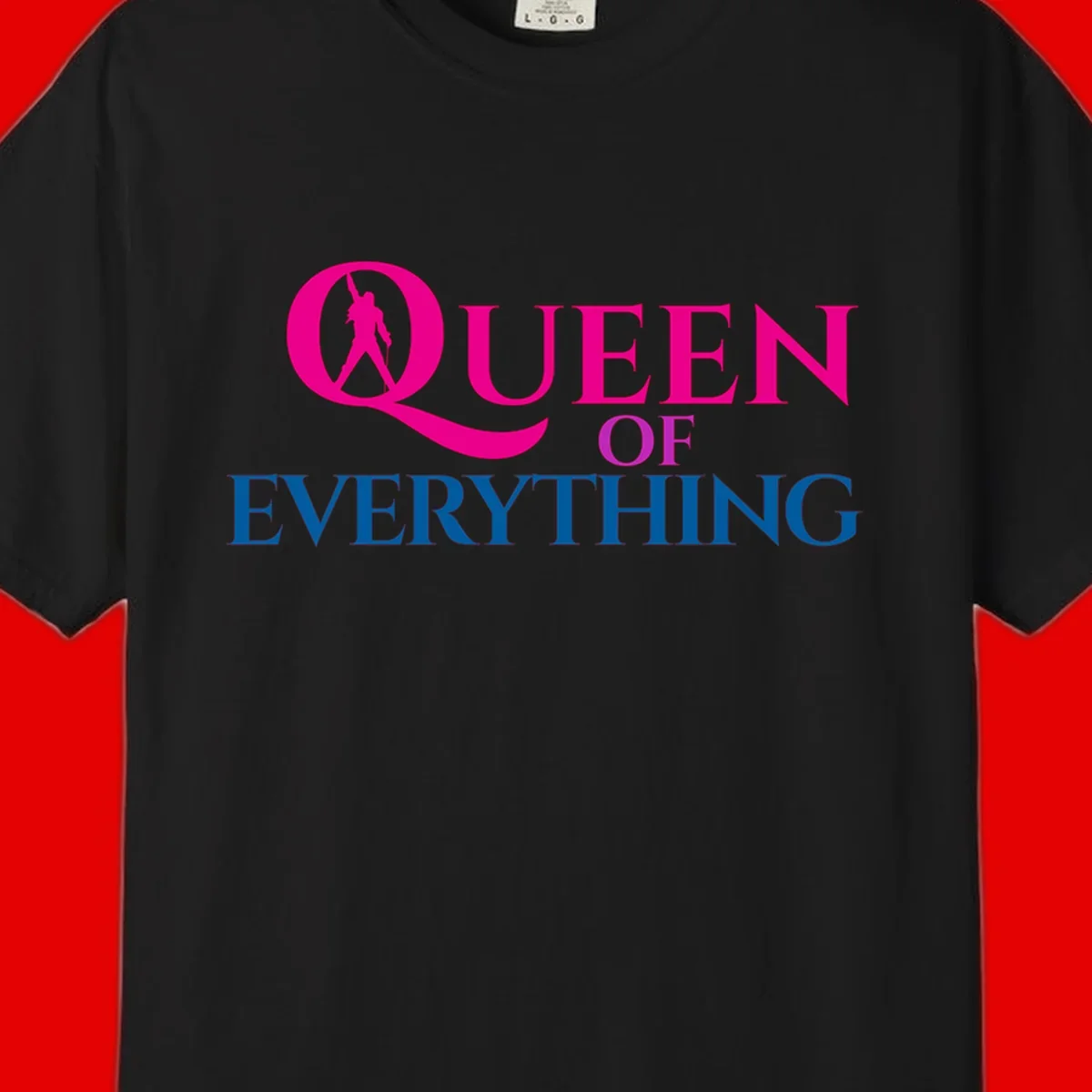 Queen of Everything design: magenta silhouette of crowned woman in oversized Q with pink and blue bold text on gray background