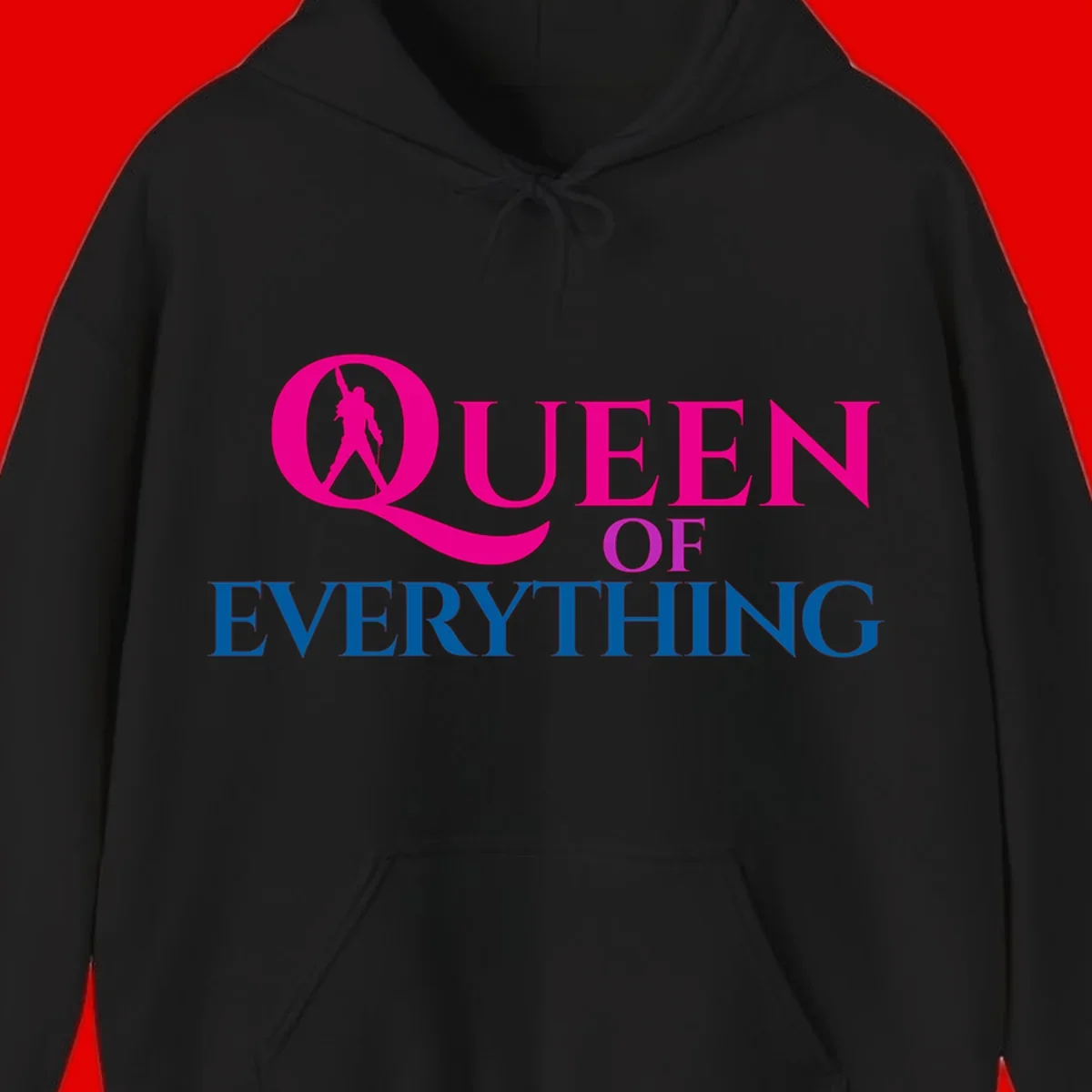 Queen of Everything design: magenta silhouette of crowned woman in oversized Q with pink and blue bold text on gray background