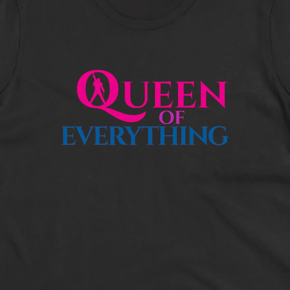 Queen of Everything design: magenta silhouette of crowned woman in oversized Q with pink and blue bold text on gray background