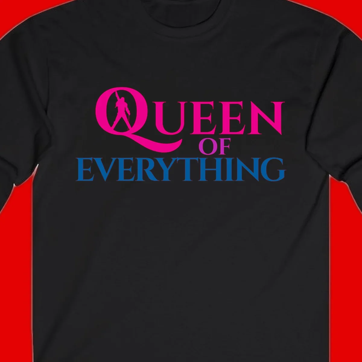 Queen of Everything design: magenta silhouette of crowned woman in oversized Q with pink and blue bold text on gray background