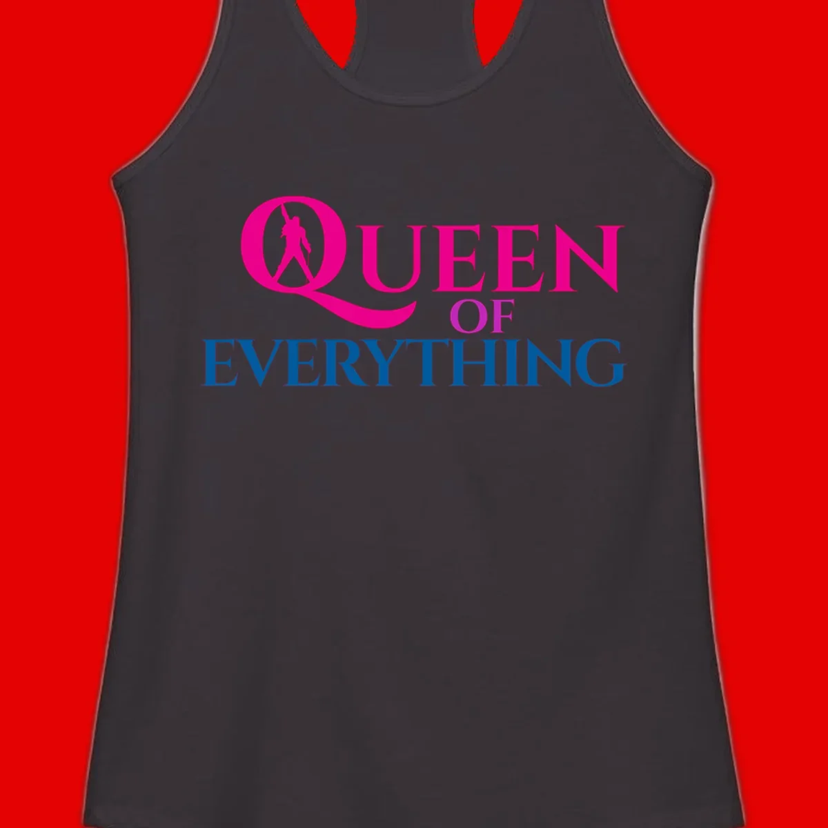 Queen of Everything design: magenta silhouette of crowned woman in oversized Q with pink and blue bold text on gray background