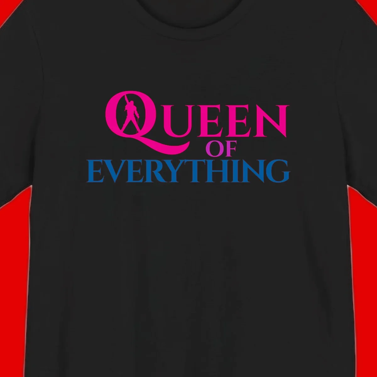 Queen of Everything design: magenta silhouette of crowned woman in oversized Q with pink and blue bold text on gray background