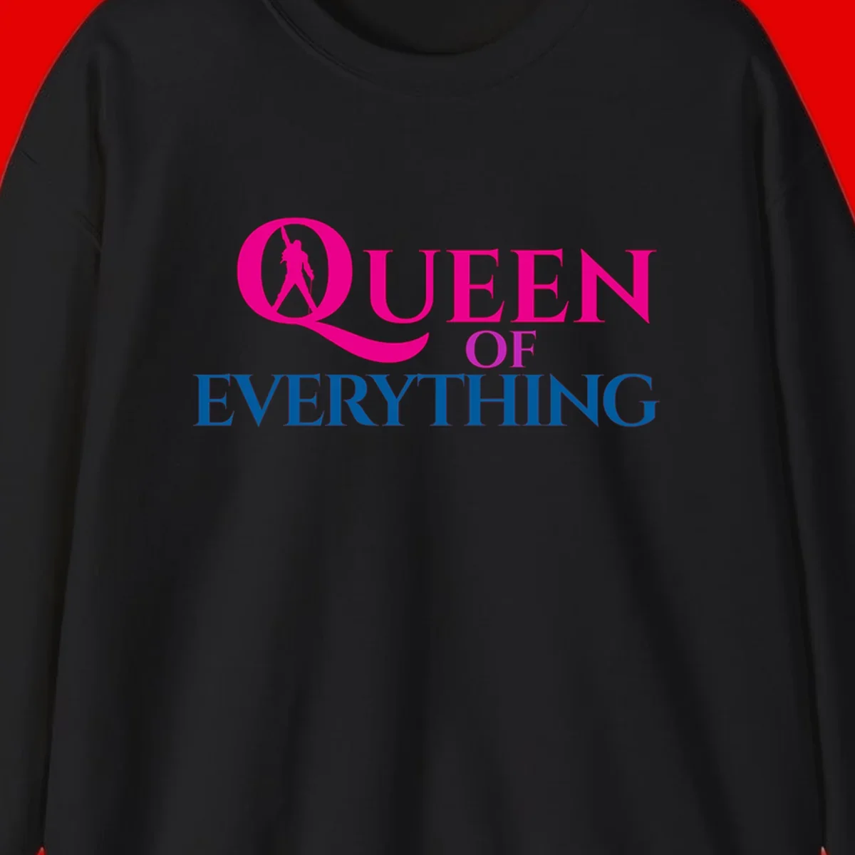Queen of Everything design: magenta silhouette of crowned woman in oversized Q with pink and blue bold text on gray background