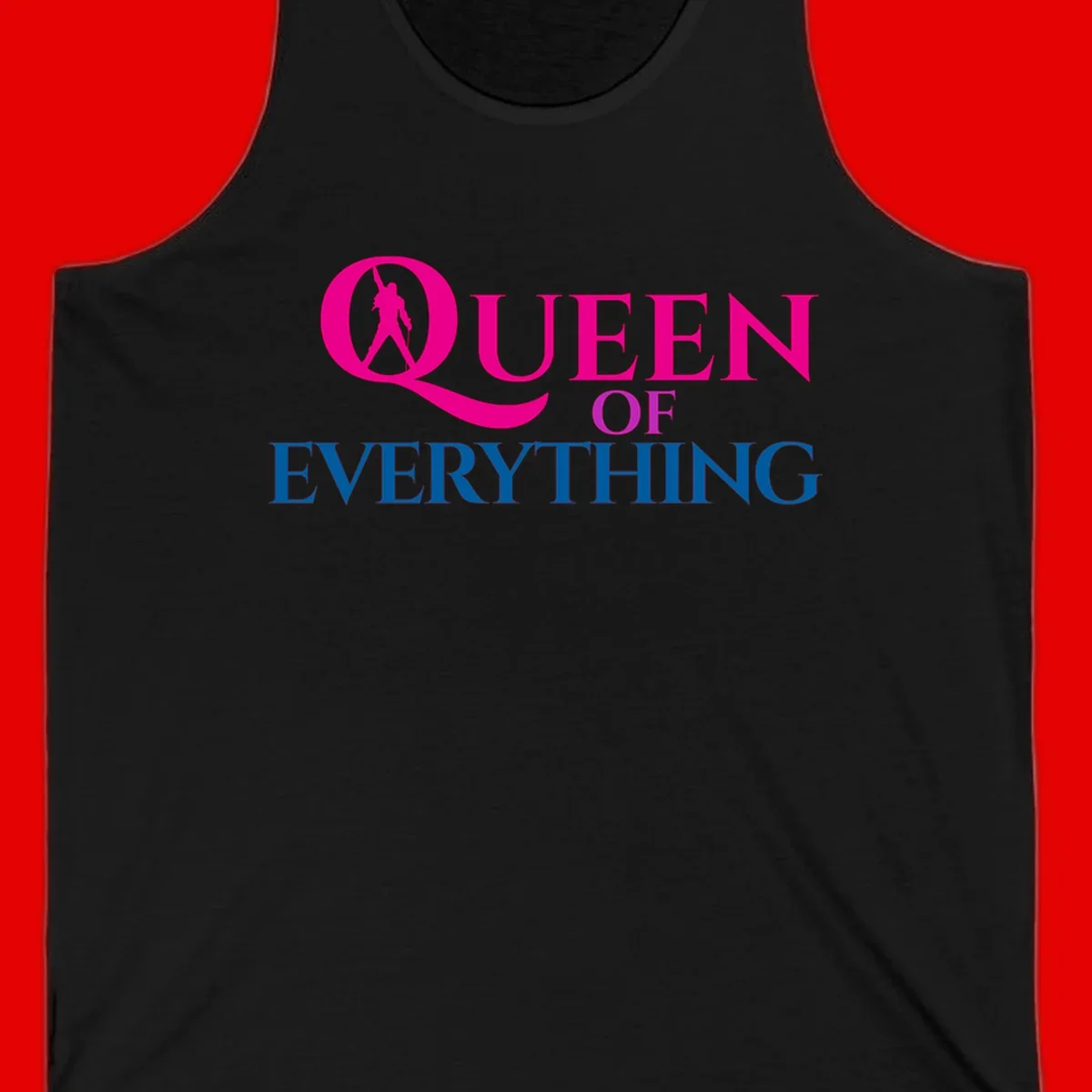 Queen of Everything design: magenta silhouette of crowned woman in oversized Q with pink and blue bold text on gray background