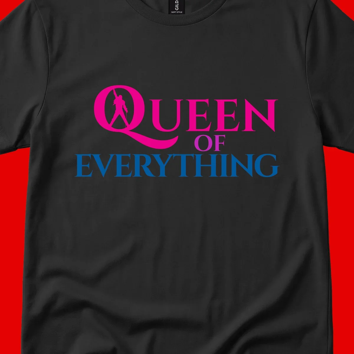 Queen of Everything design: magenta silhouette of crowned woman in oversized Q with pink and blue bold text on gray background