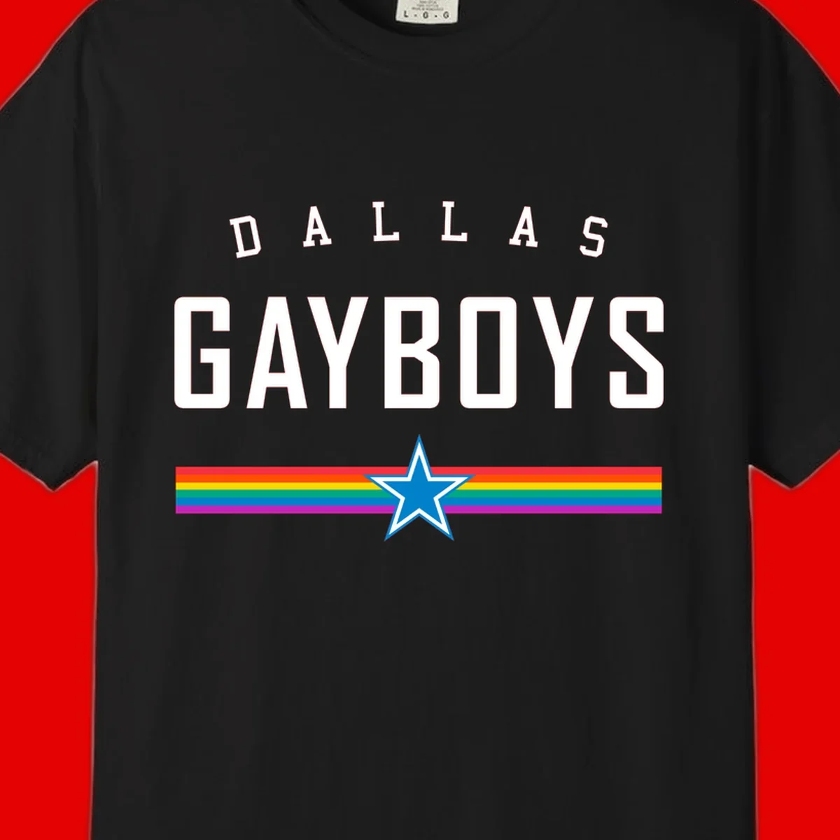 Dallas Garboys pride design with white text, blue star, and horizontal rainbow stripes on gray background