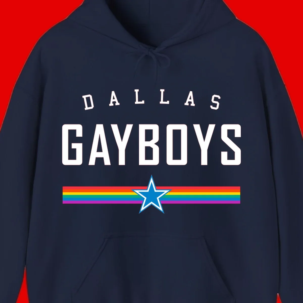 Dallas Garboys pride design with white text, blue star, and horizontal rainbow stripes on gray background