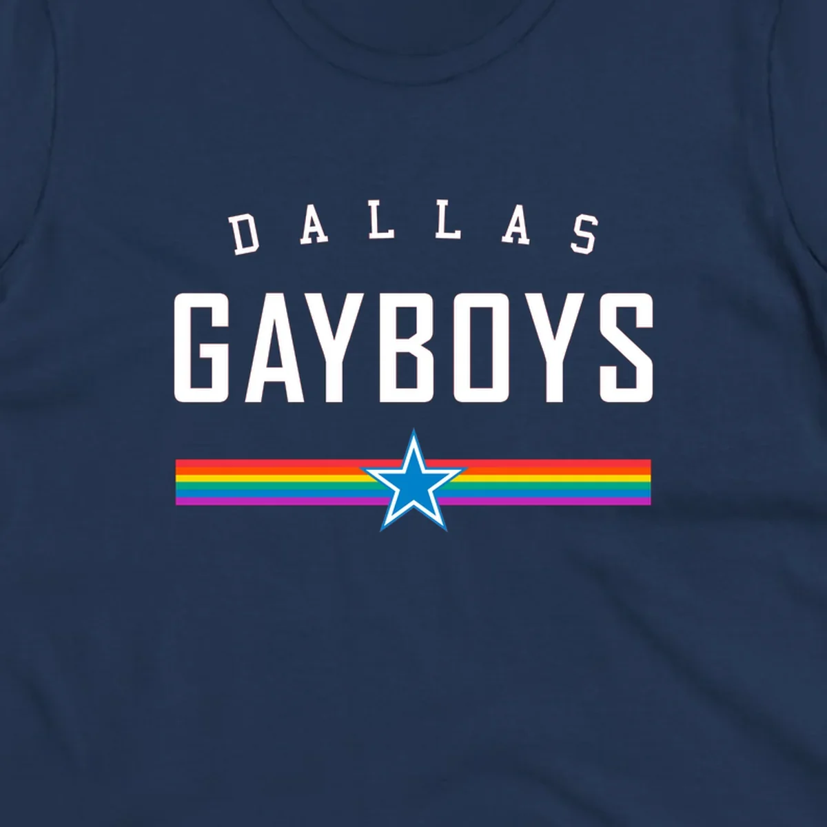 Dallas Garboys pride design with white text, blue star, and horizontal rainbow stripes on gray background