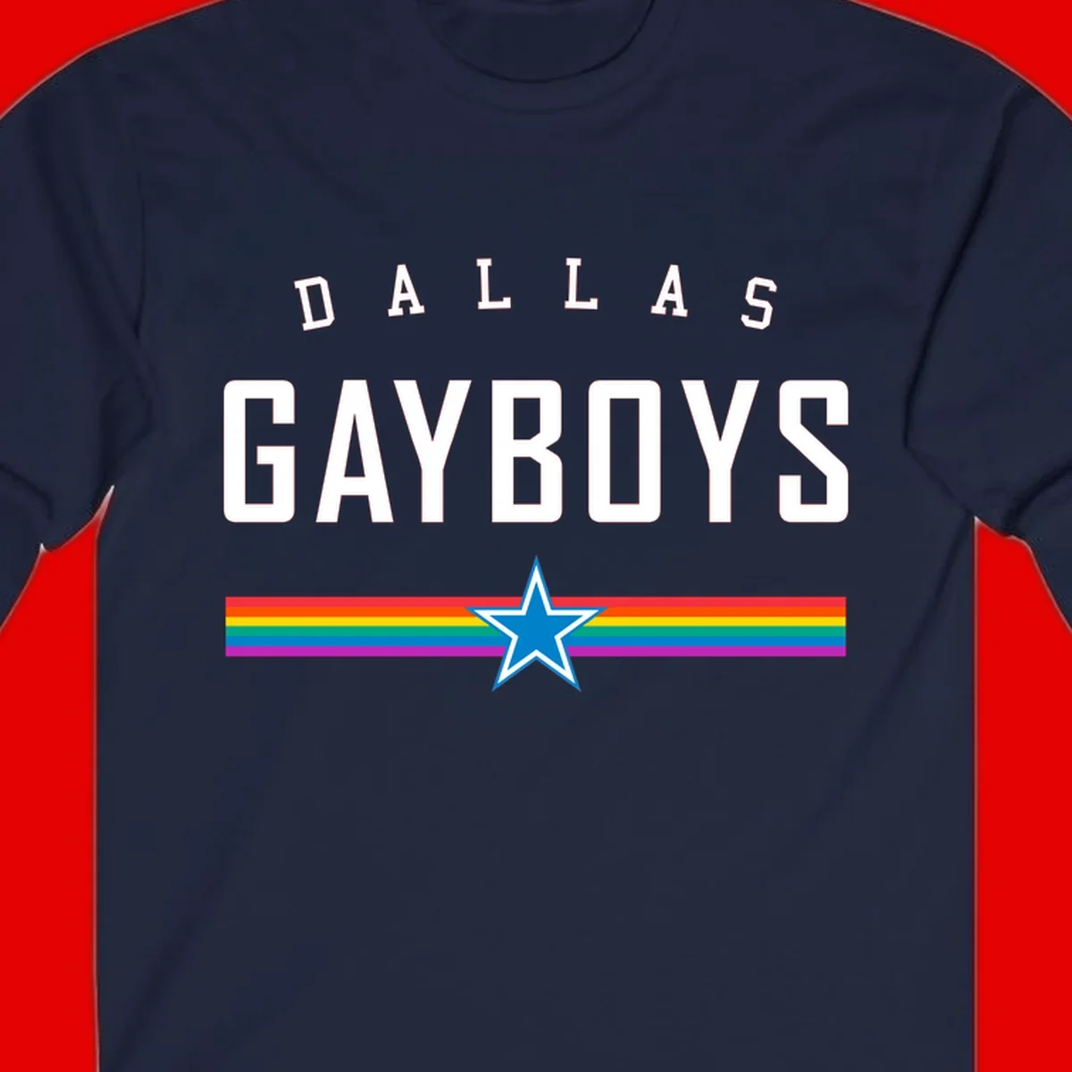 Dallas Garboys pride design with white text, blue star, and horizontal rainbow stripes on gray background