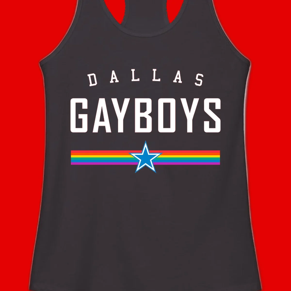 Dallas Garboys pride design with white text, blue star, and horizontal rainbow stripes on gray background