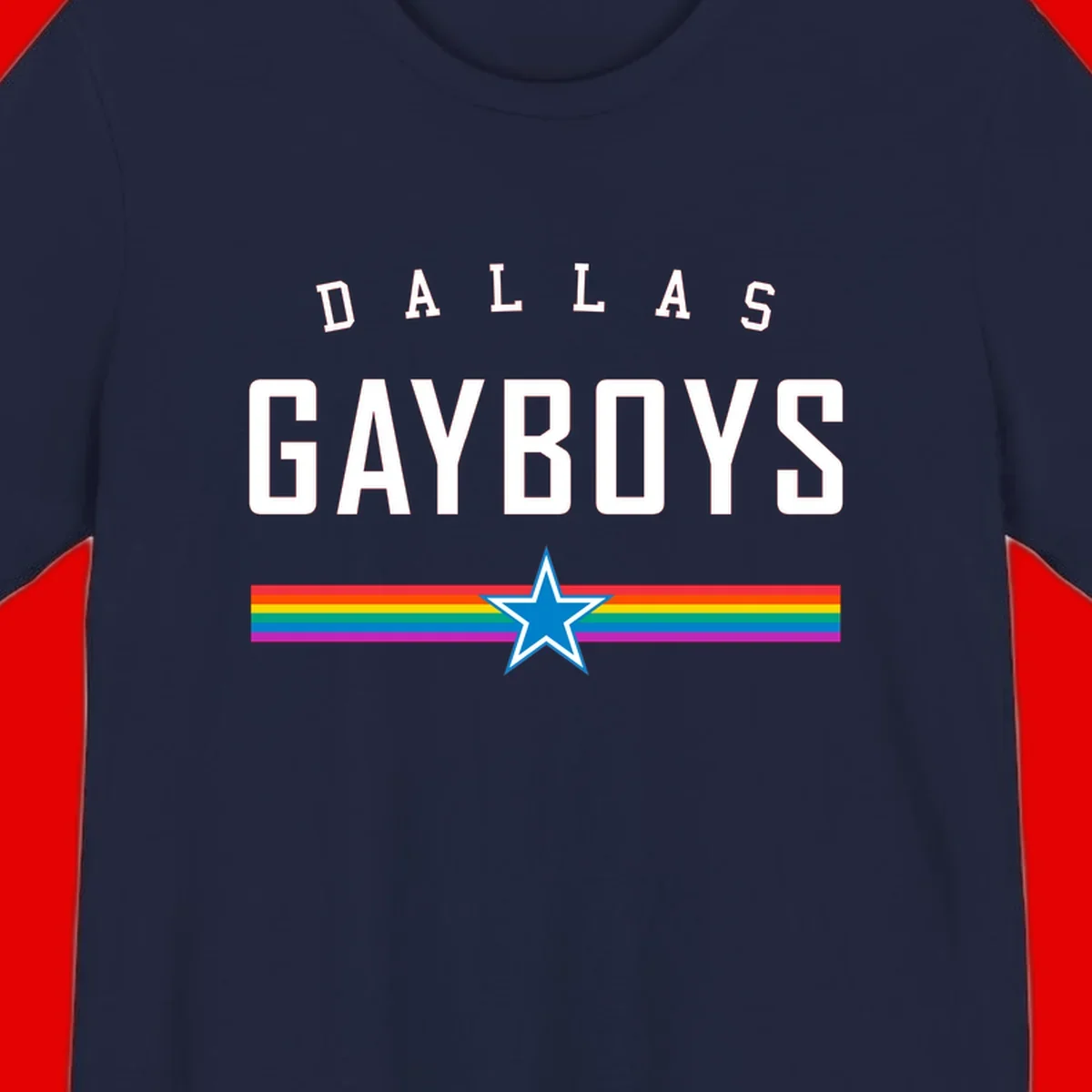 Dallas Garboys pride design with white text, blue star, and horizontal rainbow stripes on gray background