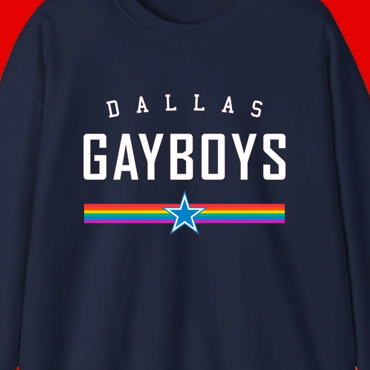 Dallas Garboys pride design with white text, blue star, and horizontal rainbow stripes on gray background