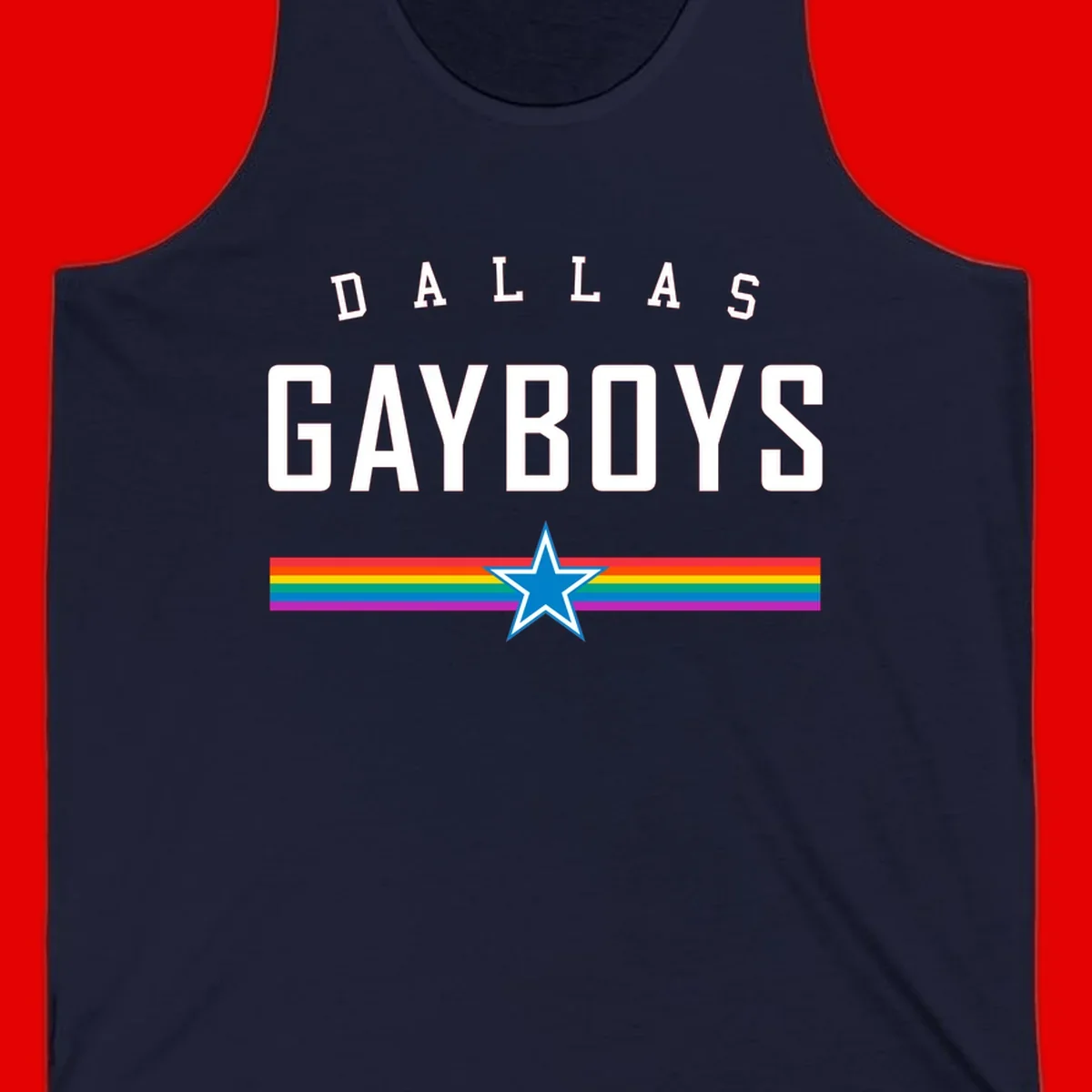 Dallas Garboys pride design with white text, blue star, and horizontal rainbow stripes on gray background