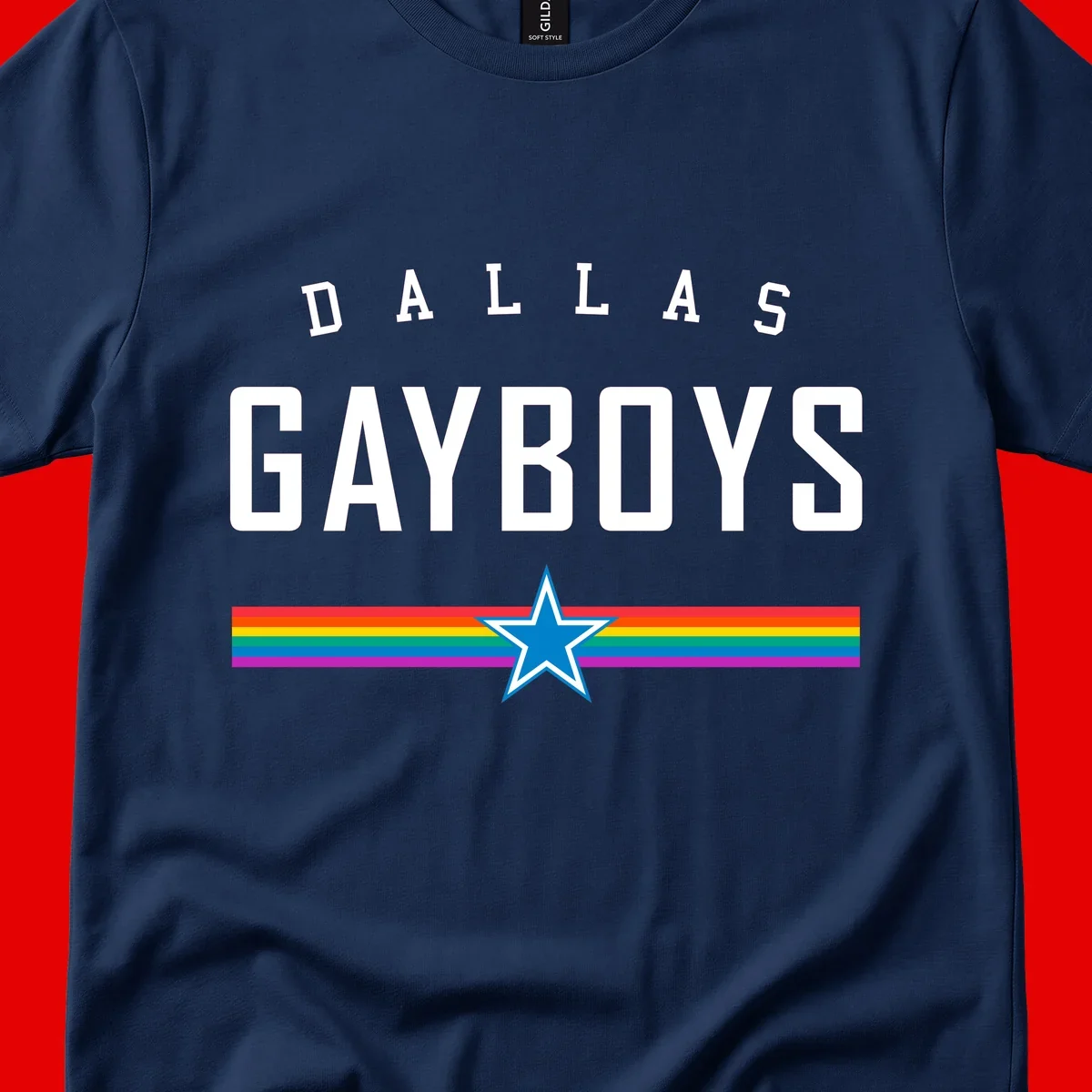 Dallas Garboys pride design with white text, blue star, and horizontal rainbow stripes on gray background