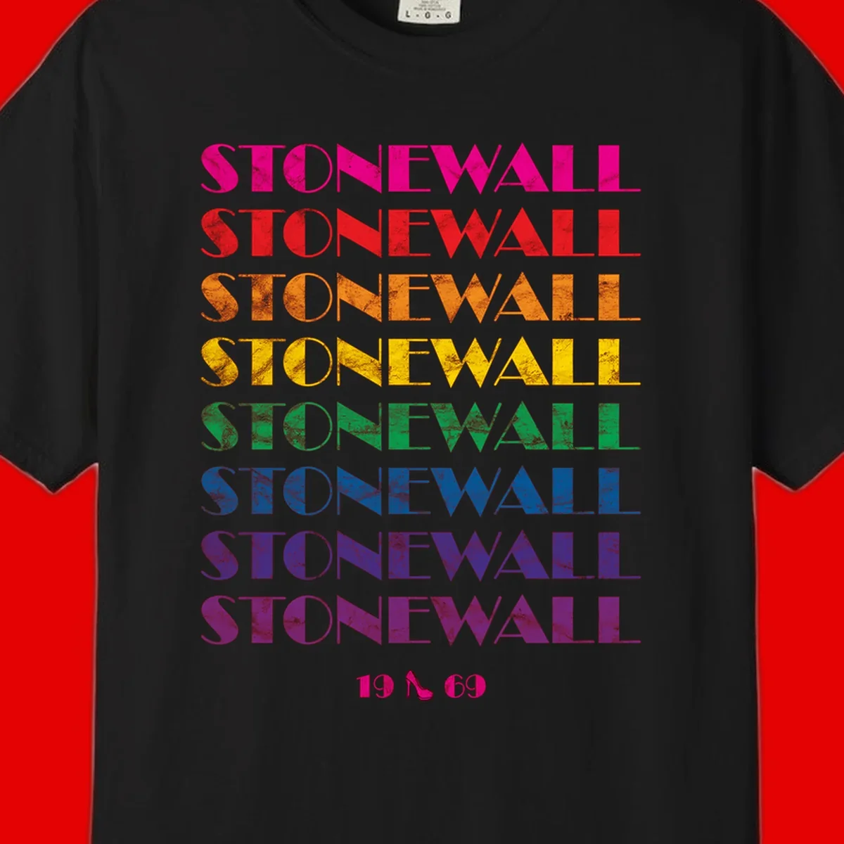Stonewall Pride 1969 design with rainbow-colored repeated text and high heel icon on gray background