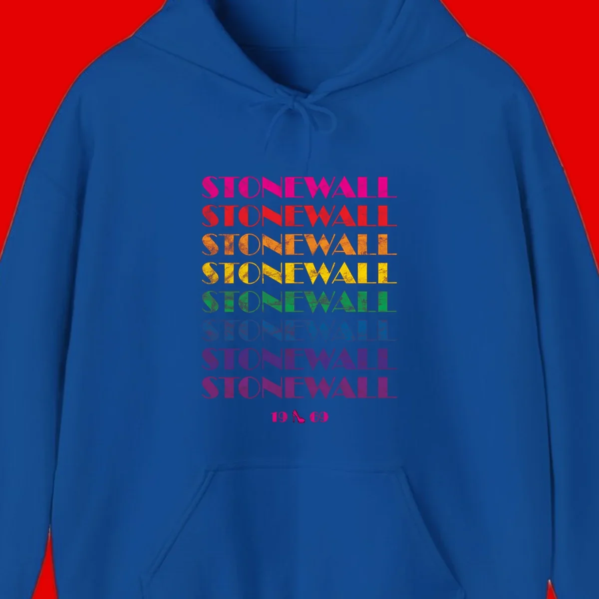 Stonewall Pride 1969 design with rainbow-colored repeated text and high heel icon on gray background