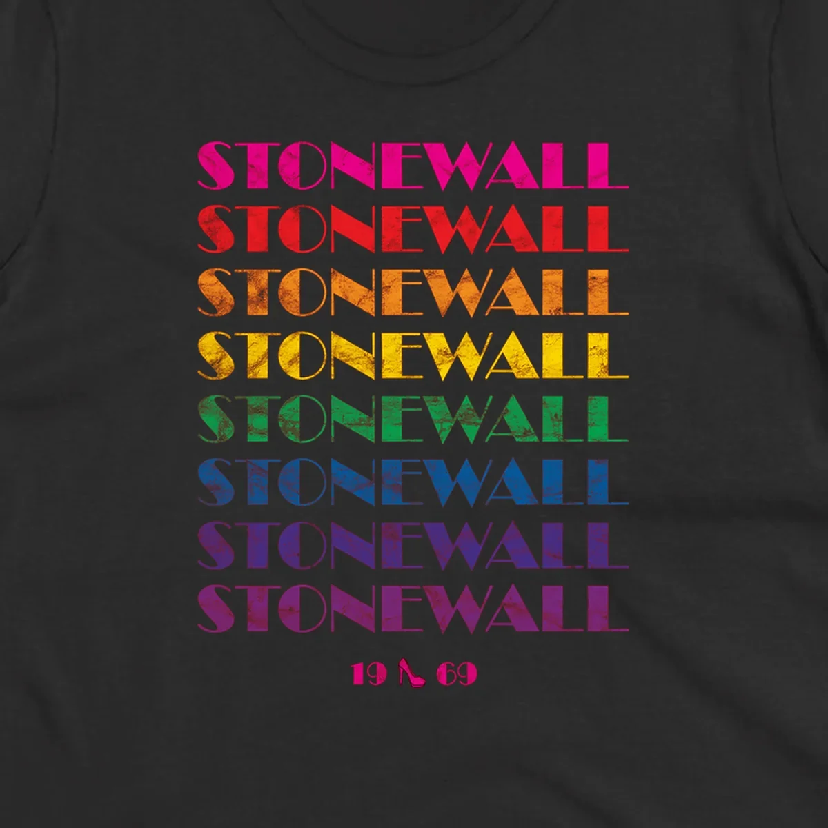 Stonewall Pride 1969 design with rainbow-colored repeated text and high heel icon on gray background