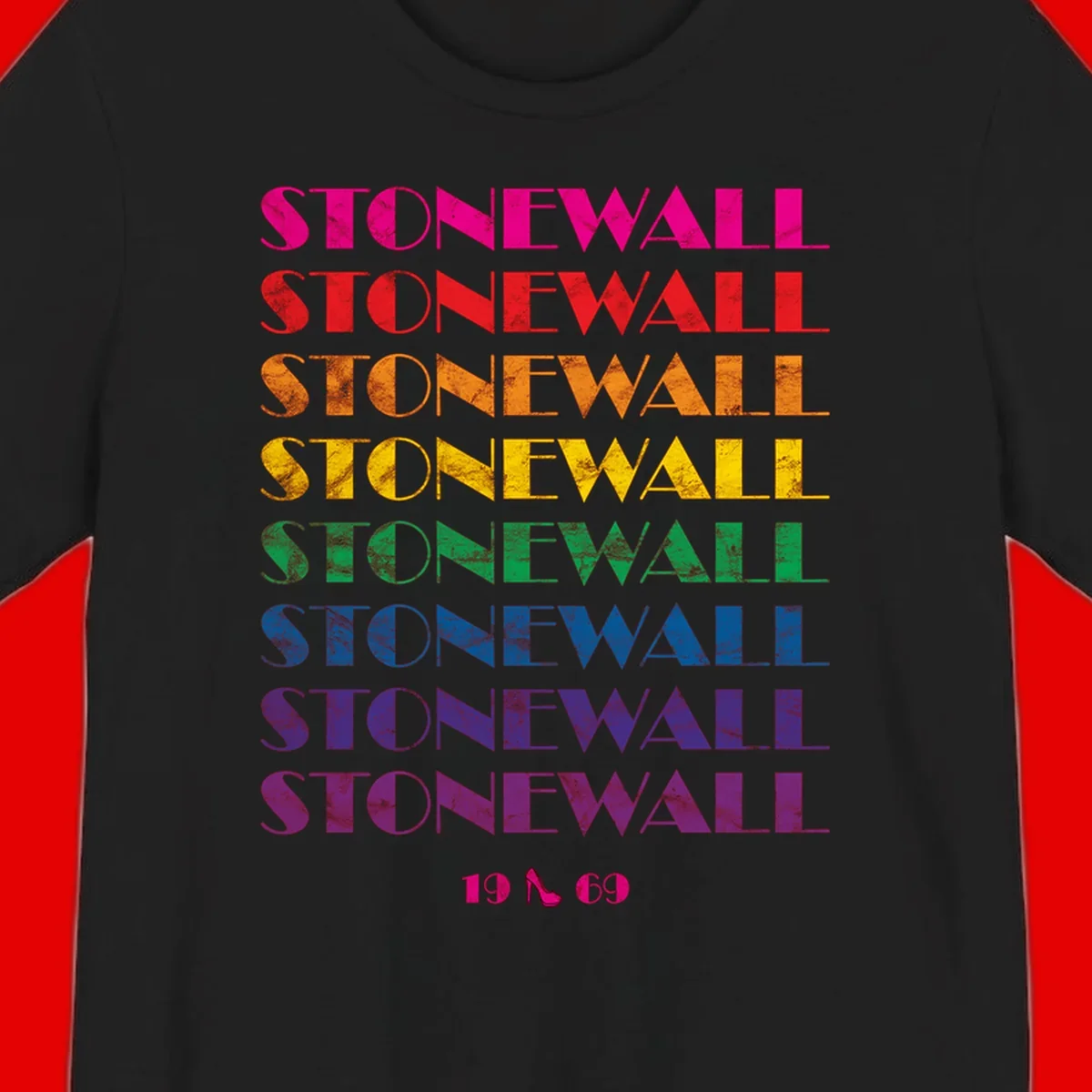 Stonewall Pride 1969 design with rainbow-colored repeated text and high heel icon on gray background