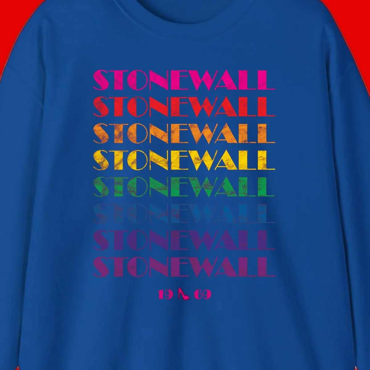 Stonewall Pride 1969 design with rainbow-colored repeated text and high heel icon on gray background