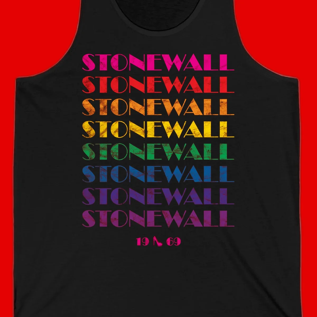 Stonewall Pride 1969 design with rainbow-colored repeated text and high heel icon on gray background