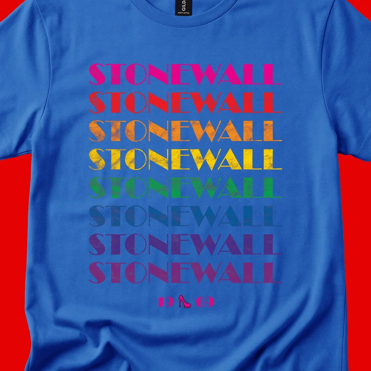 Stonewall Pride 1969 design with rainbow-colored repeated text and high heel icon on gray background