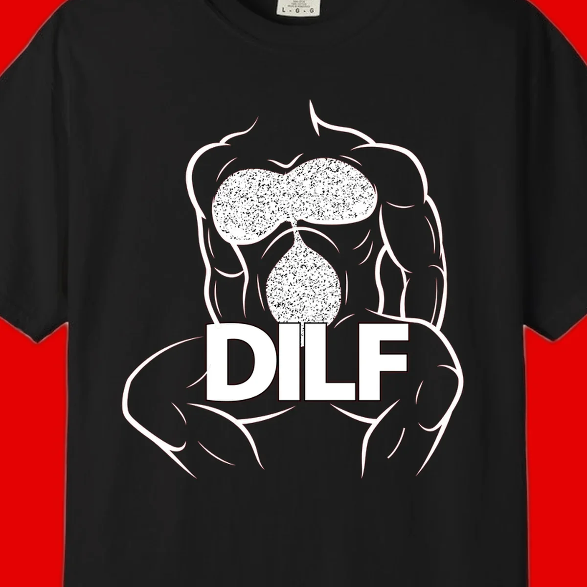 DILF anatomy humor design featuring muscular torso outline with speckled organ illustration and text