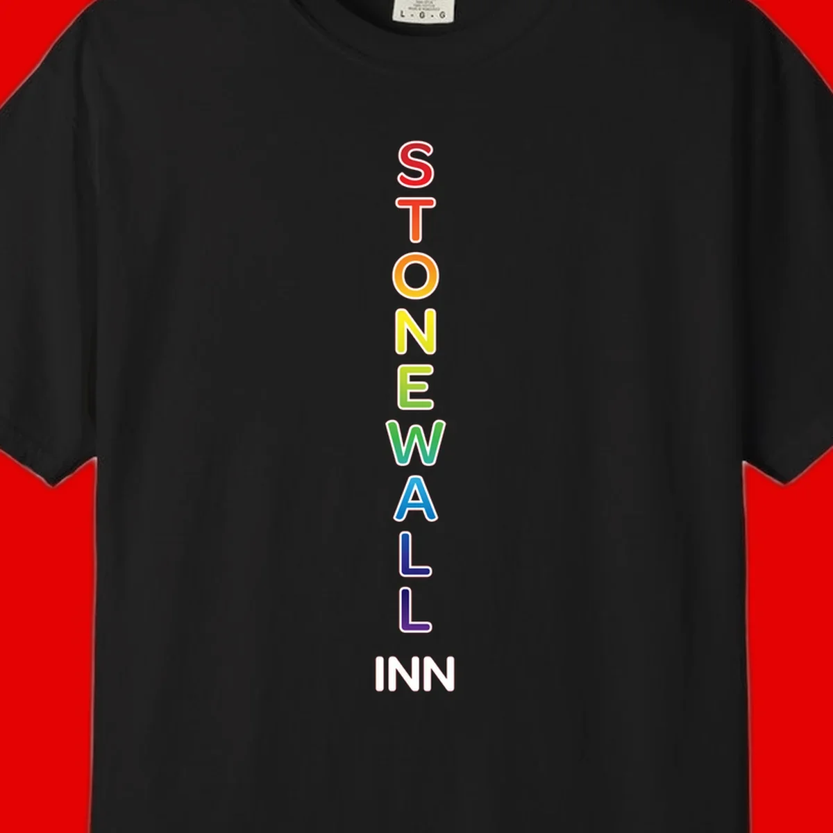 Stonewall Inn pride design with vertical rainbow letters spelling out the iconic venue name in red, orange, yellow, green, teal, blue, and purple.