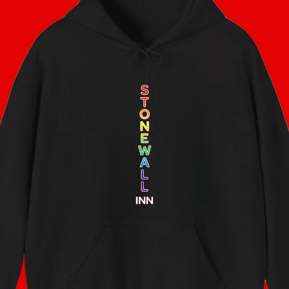 Stonewall Inn pride design with vertical rainbow letters spelling out the iconic venue name in red, orange, yellow, green, teal, blue, and purple.