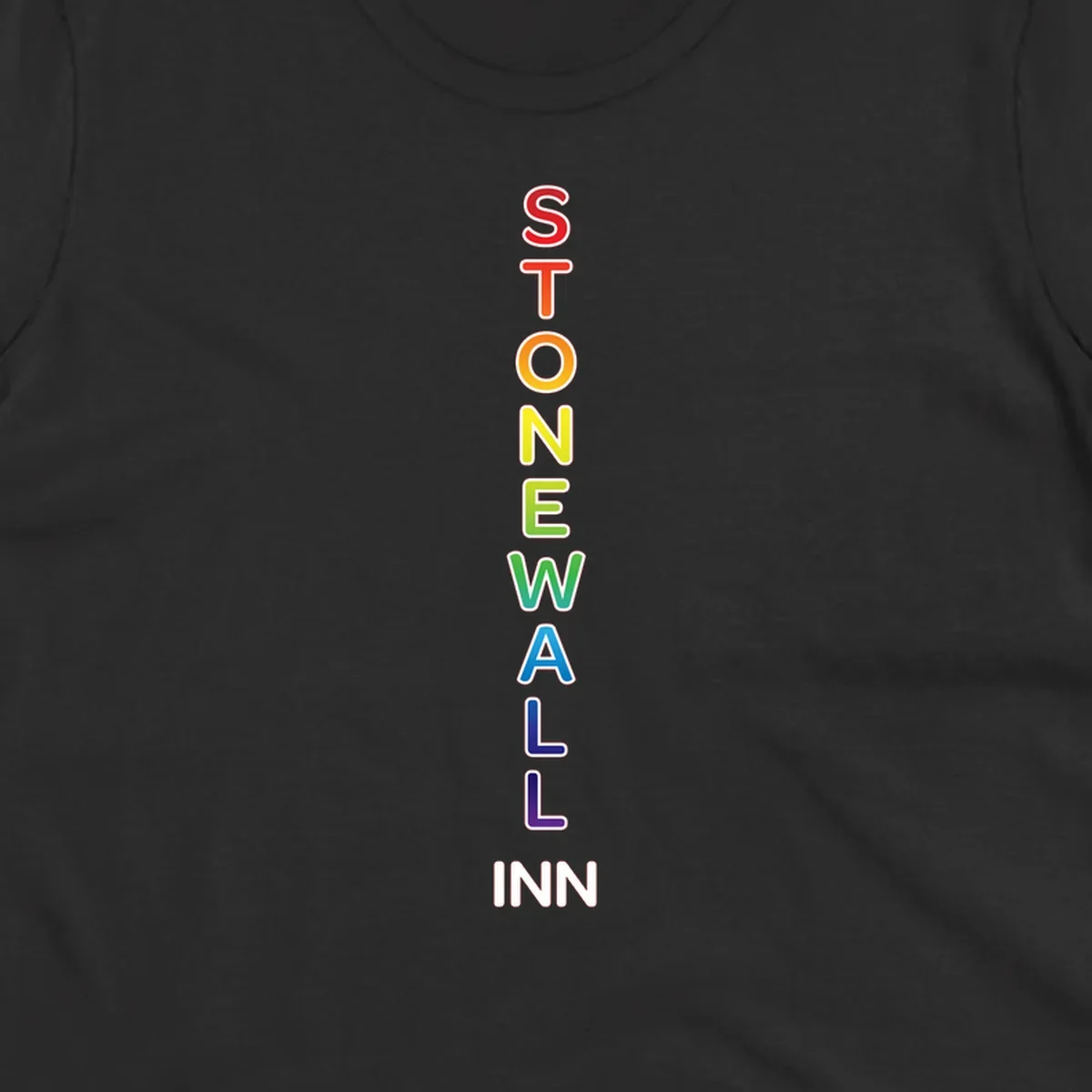 Stonewall Inn pride design with vertical rainbow letters spelling out the iconic venue name in red, orange, yellow, green, teal, blue, and purple.