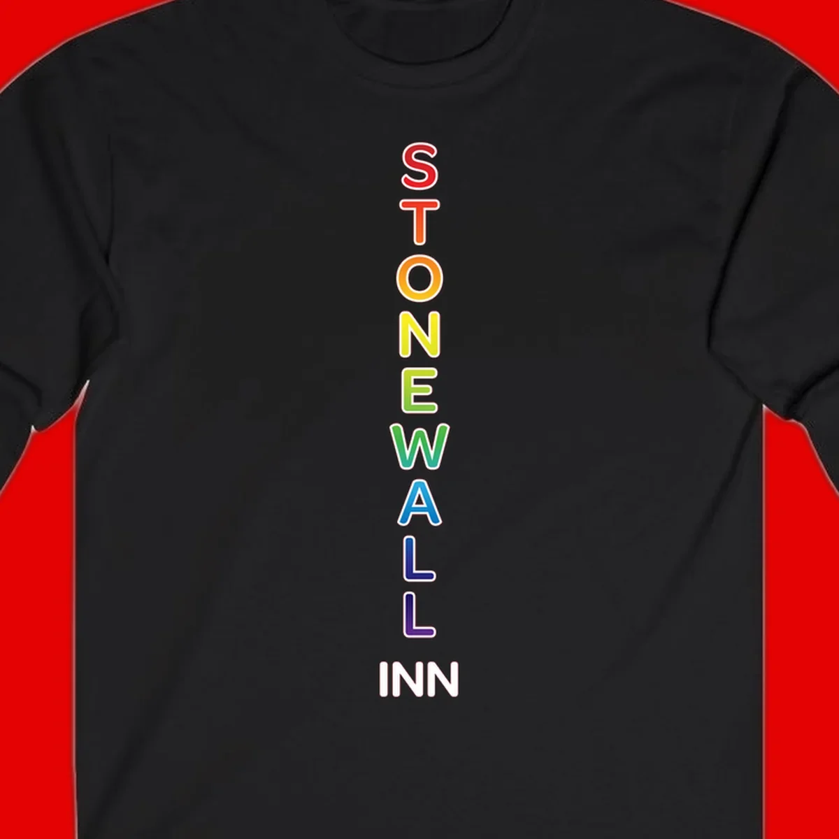 Stonewall Inn pride design with vertical rainbow letters spelling out the iconic venue name in red, orange, yellow, green, teal, blue, and purple.