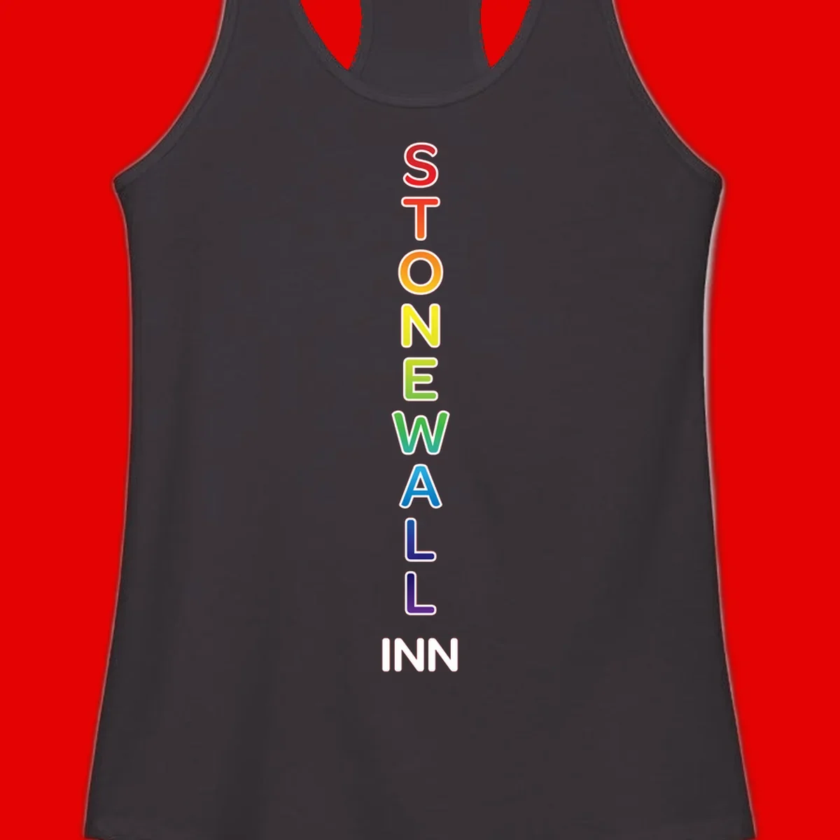 Stonewall Inn pride design with vertical rainbow letters spelling out the iconic venue name in red, orange, yellow, green, teal, blue, and purple.