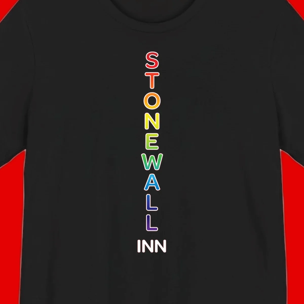 Stonewall Inn pride design with vertical rainbow letters spelling out the iconic venue name in red, orange, yellow, green, teal, blue, and purple.