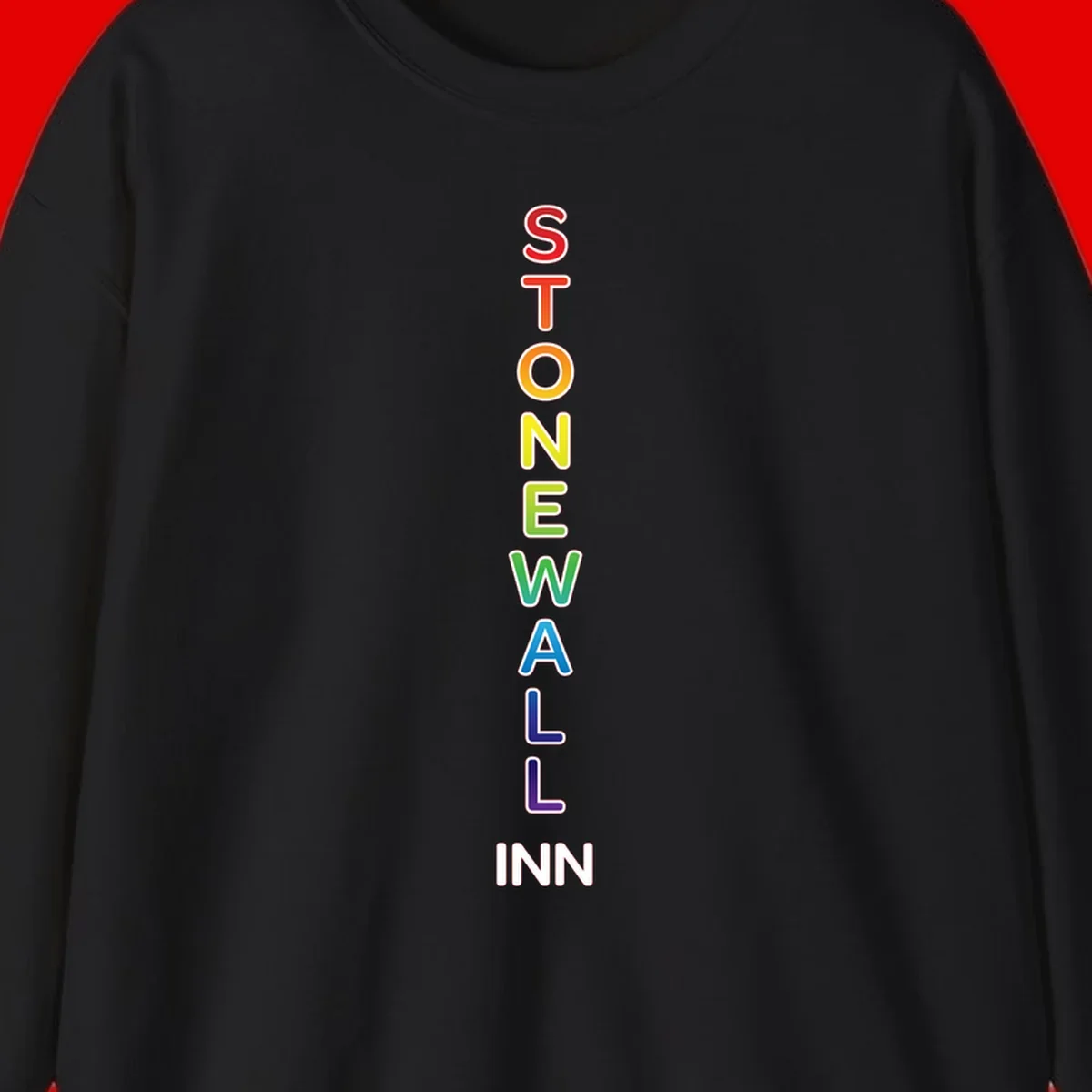 Stonewall Inn pride design with vertical rainbow letters spelling out the iconic venue name in red, orange, yellow, green, teal, blue, and purple.