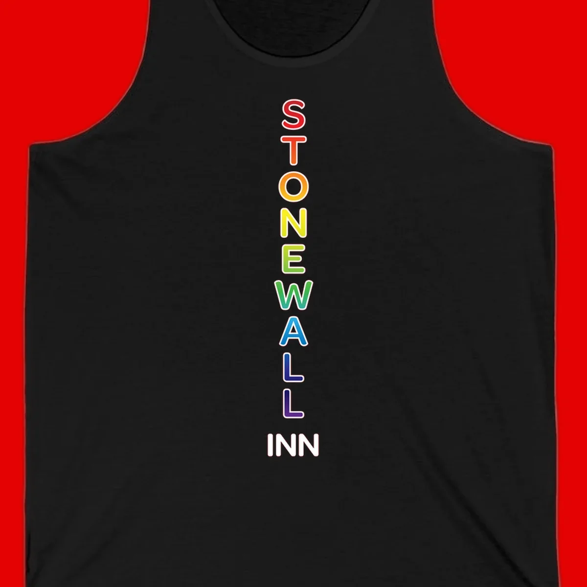 Stonewall Inn pride design with vertical rainbow letters spelling out the iconic venue name in red, orange, yellow, green, teal, blue, and purple.