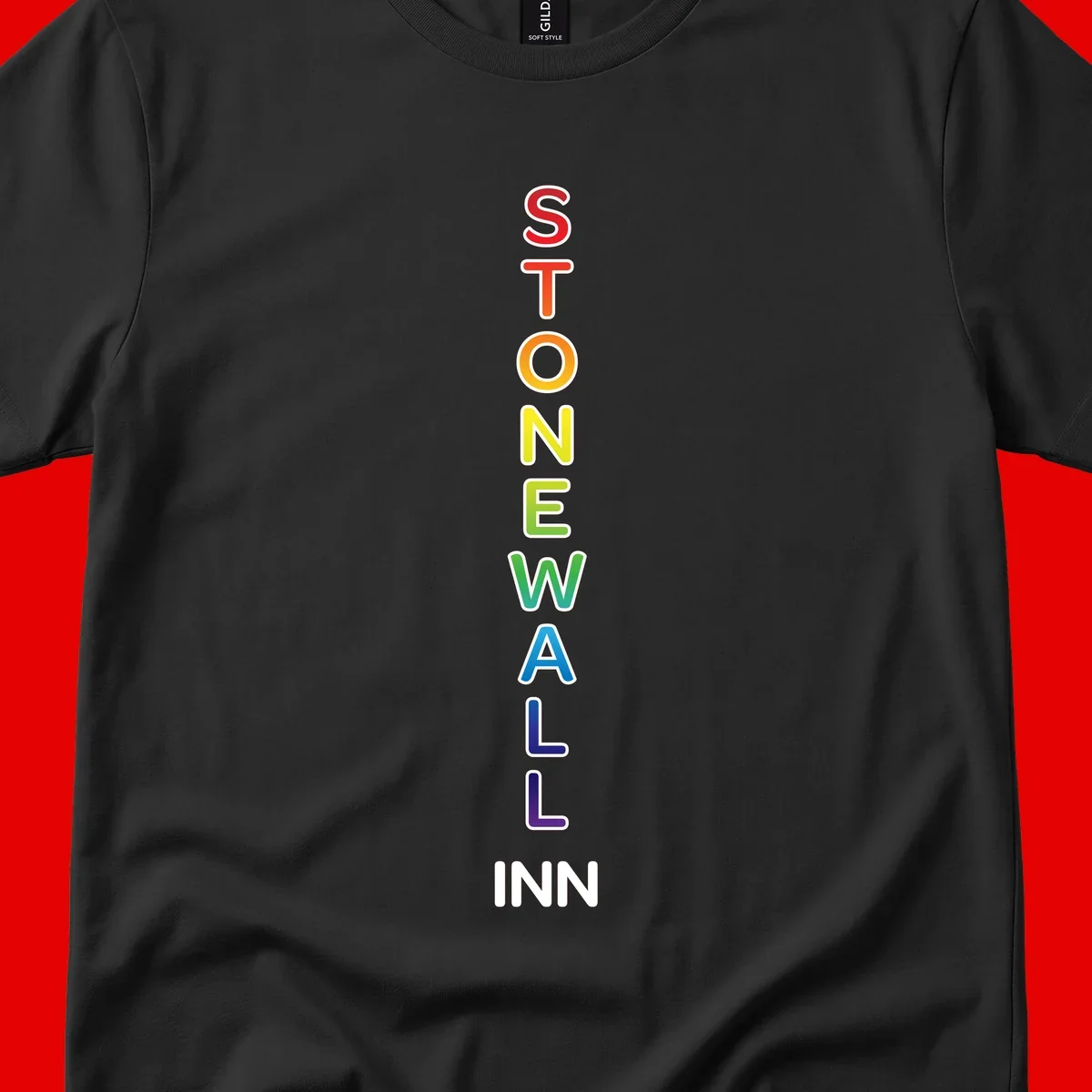 Stonewall Inn pride design with vertical rainbow letters spelling out the iconic venue name in red, orange, yellow, green, teal, blue, and purple.
